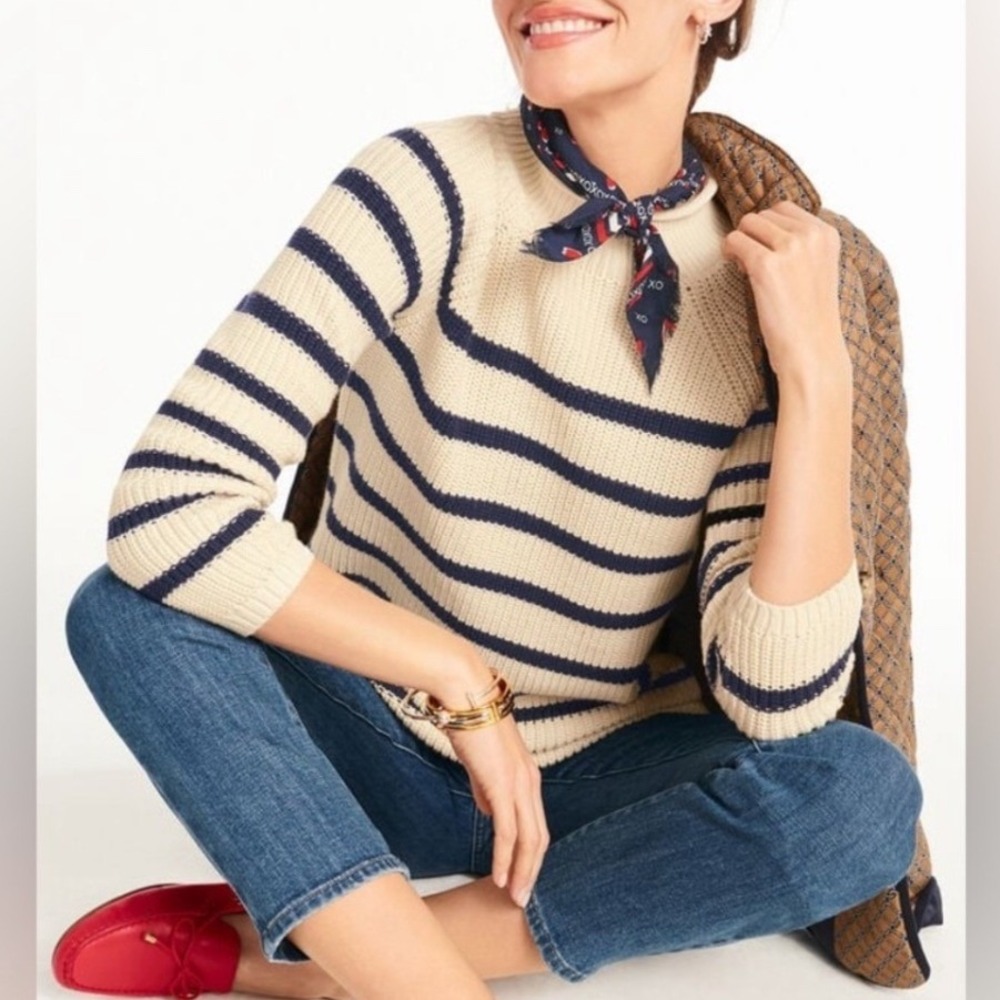 Talbots Striped Roll Neck Sweater Stripe Cream Navy XL Fisherman Preppy Nautical